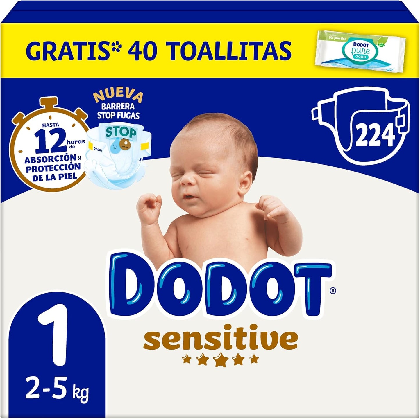 Dodot Pañales Bebé Sensitive, Talla 2 (4-8 kg), 240 Pañales + 1 Pack de 40 Toallitas Gratis de Aqua Plastic Free, Nº1 en Protección de la Piel de Dodot, Pack Mensual