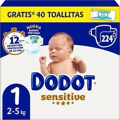 Dodot Pañales Bebé Sensitive, Talla 2 (4-8 kg), 240 Pañales + 1 Pack de 40 Toallitas Gratis de Aqua Plastic Free, Nº1 en Protección de la Piel de Dodot, Pack Mensual