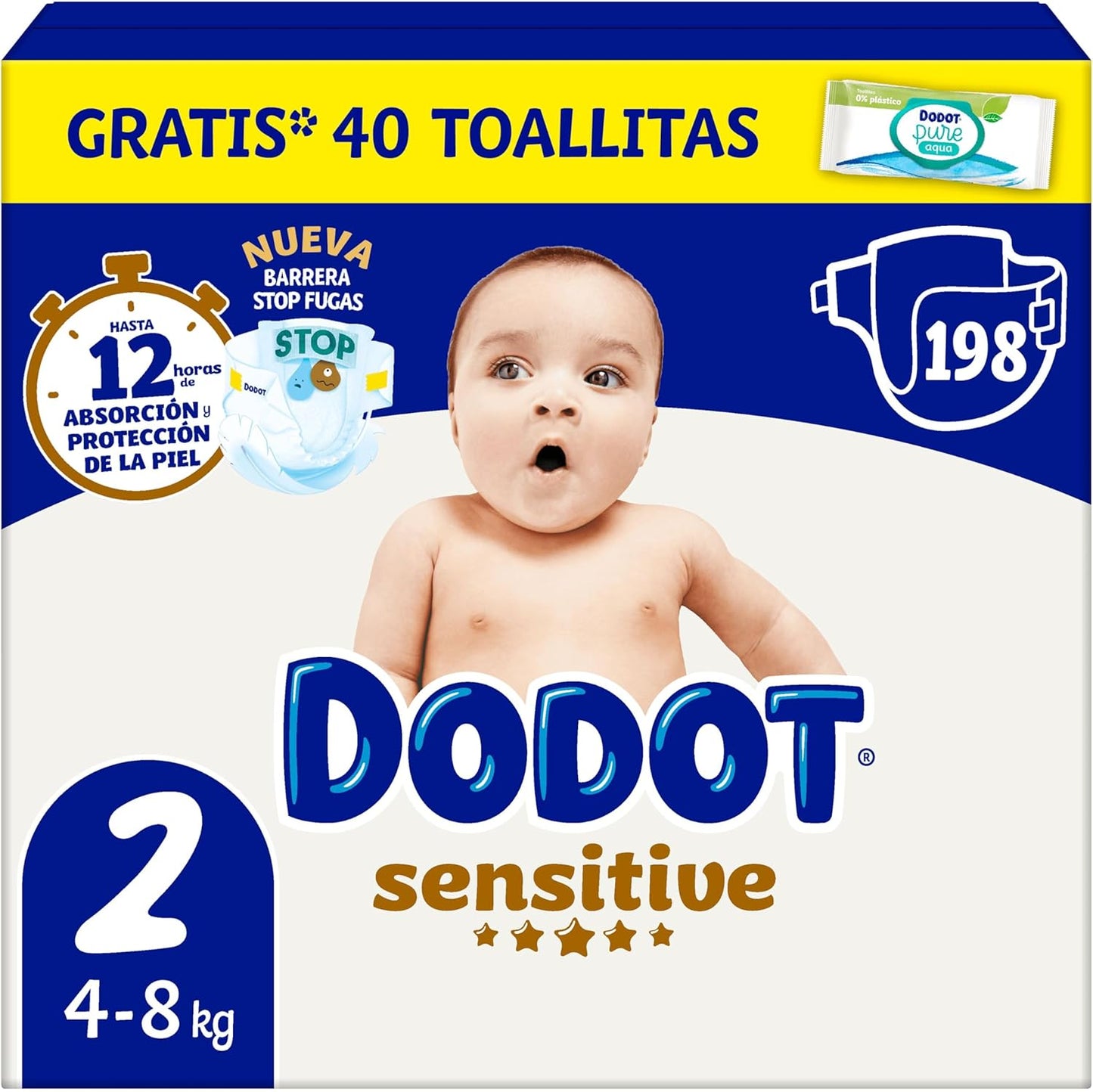 Dodot Pañales Bebé Sensitive Talla 1 (2-5 kg), 174 Pañales + 1 Pack de 40 Toallitas Gratis de Aqua Plastic Free, Nº1 en Protección de la Piel de Dodot, Pack Mensual