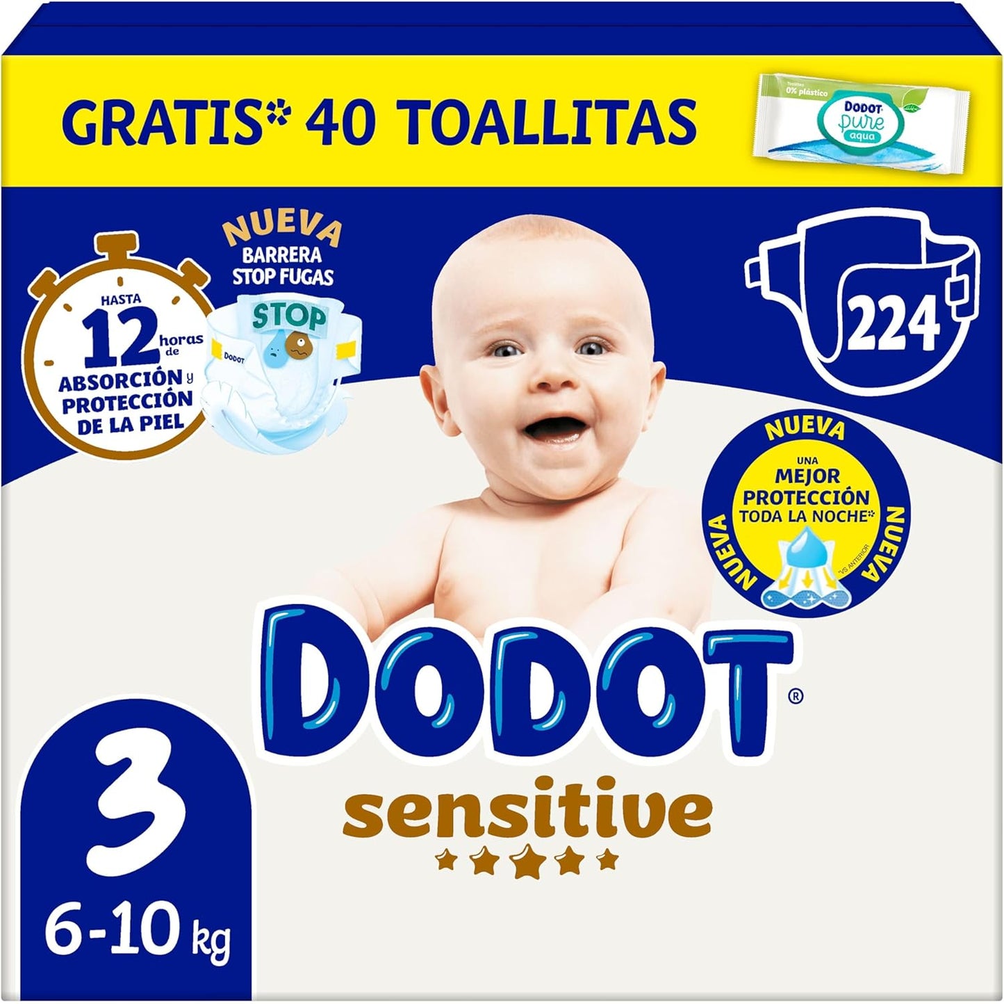 Dodot Pañales Bebé Sensitive, Talla 2 (4-8 kg), 240 Pañales + 1 Pack de 40 Toallitas Gratis de Aqua Plastic Free, Nº1 en Protección de la Piel de Dodot, Pack Mensual