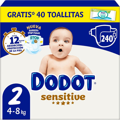 Dodot Pañales Bebé Sensitive, Talla 2 (4-8 kg), 240 Pañales + 1 Pack de 40 Toallitas Gratis de Aqua Plastic Free, Nº1 en Protección de la Piel de Dodot, Pack Mensual