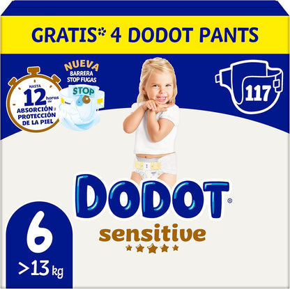 Dodot Bebé Sensitive Pañales, Talla 6, +13 kg, 117 Pañales + Regalo Gratis ( toallitas humectantes o 4 Pants Activity), Pack Mensual