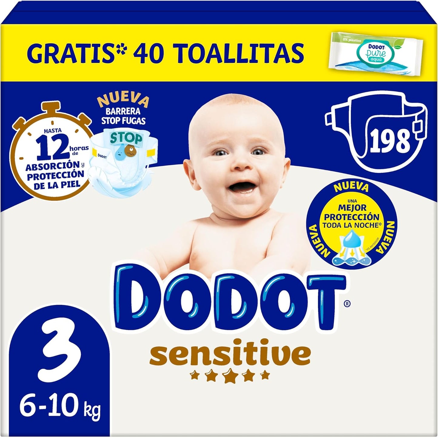 Dodot Pañales Bebé Sensitive Talla 1 (2-5 kg), 174 Pañales + 1 Pack de 40 Toallitas Gratis de Aqua Plastic Free, Nº1 en Protección de la Piel de Dodot, Pack Mensual